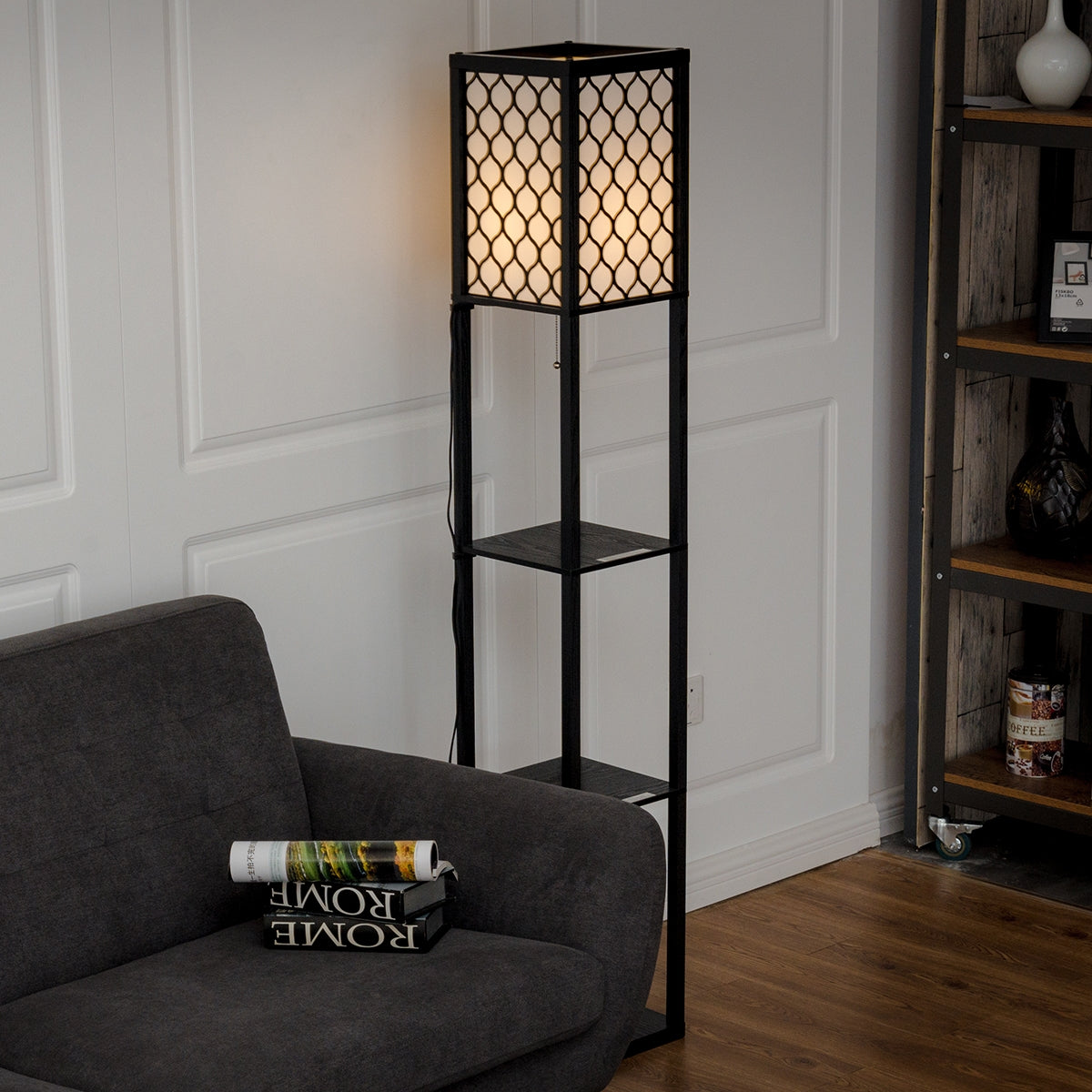 Lámpara con Estante de Madera con 3 Niveles para Decoración Salón y Dormitorio Negro 160 x 26 x 26 cm