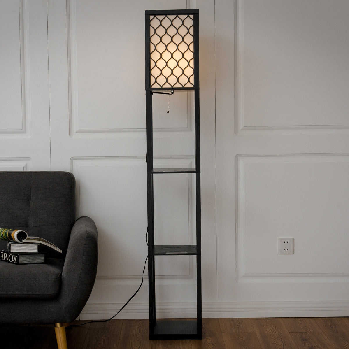 Lámpara con Estante de Madera con 3 Niveles para Decoración Salón y Dormitorio Negro 160 x 26 x 26 cm