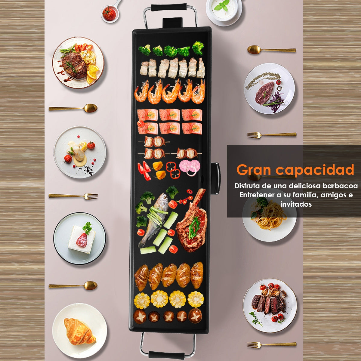 Parrilla Eléctrica de Interior 1800 W con Plancha Antiadherente Amplia y Cajón para Recoger el Aceite Negro 90 x 23 cm