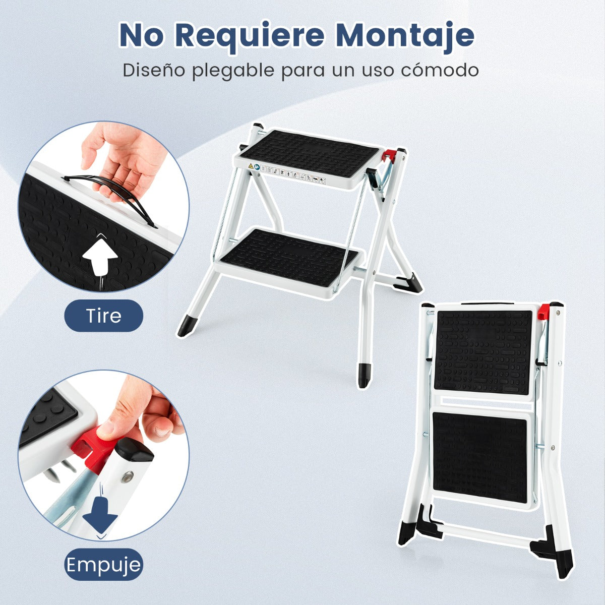 Escalera de 2 Peldaños Taburete Plegable de Metal con Pedal Antideslizante Almohadillas para Pies Portátil para Hogar Carga 150kg Blanco