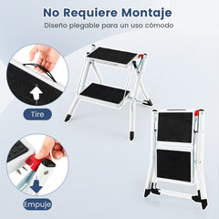 Escalera de 2 Peldaños Taburete Plegable de Metal con Pedal Antideslizante Almohadillas para Pies Portátil para Hogar Carga 150kg Blanco