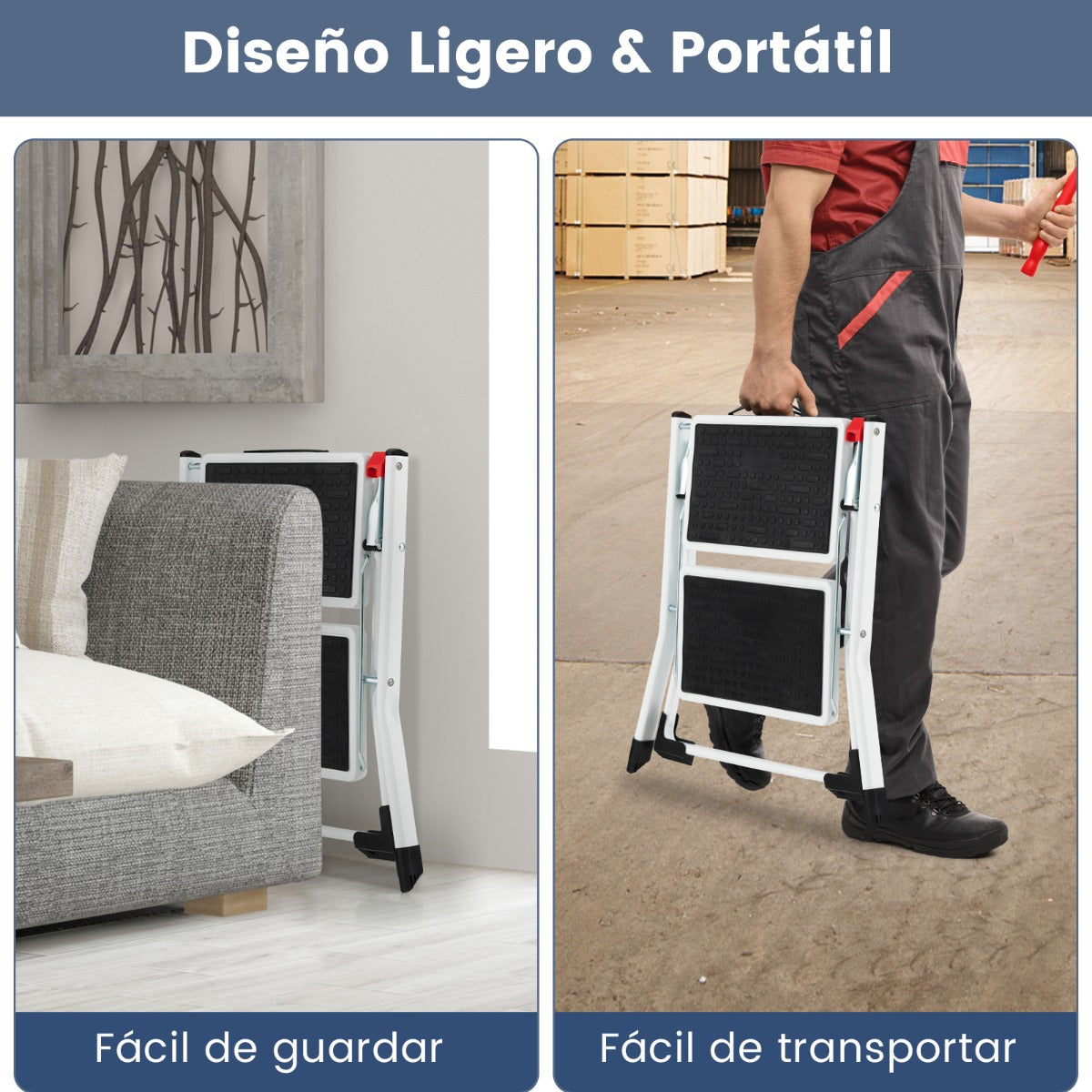 Escalera de 2 Peldaños Taburete Plegable de Metal con Pedal Antideslizante Almohadillas para Pies Portátil para Hogar Carga 150kg Blanco