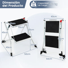 Escalera de 2 Peldaños Taburete Plegable de Metal con Pedal Antideslizante Almohadillas para Pies Portátil para Hogar Carga 150kg Blanco