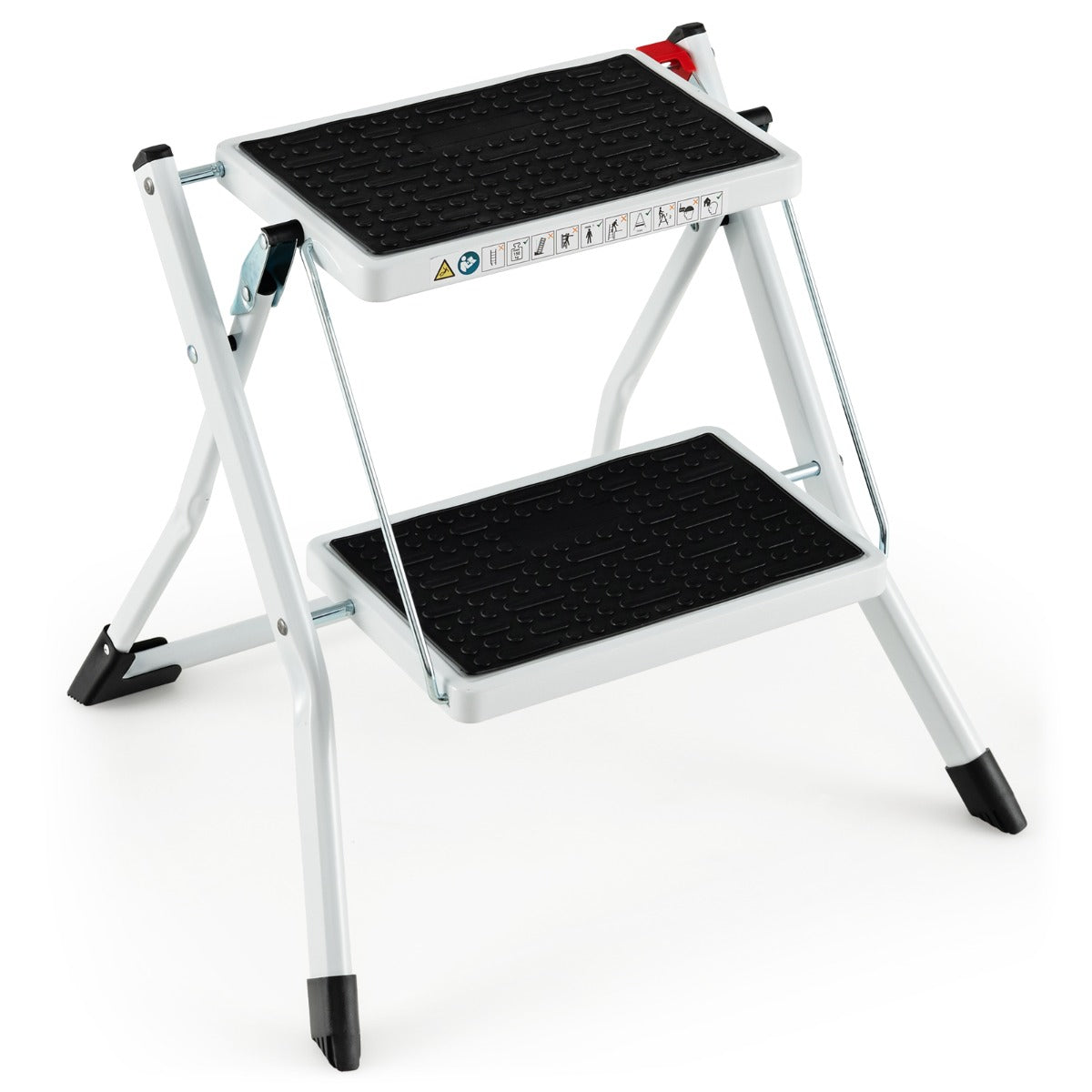 Escalera de 2 Peldaños Taburete Plegable de Metal con Pedal Antideslizante Almohadillas para Pies Portátil para Hogar Carga 150kg Blanco