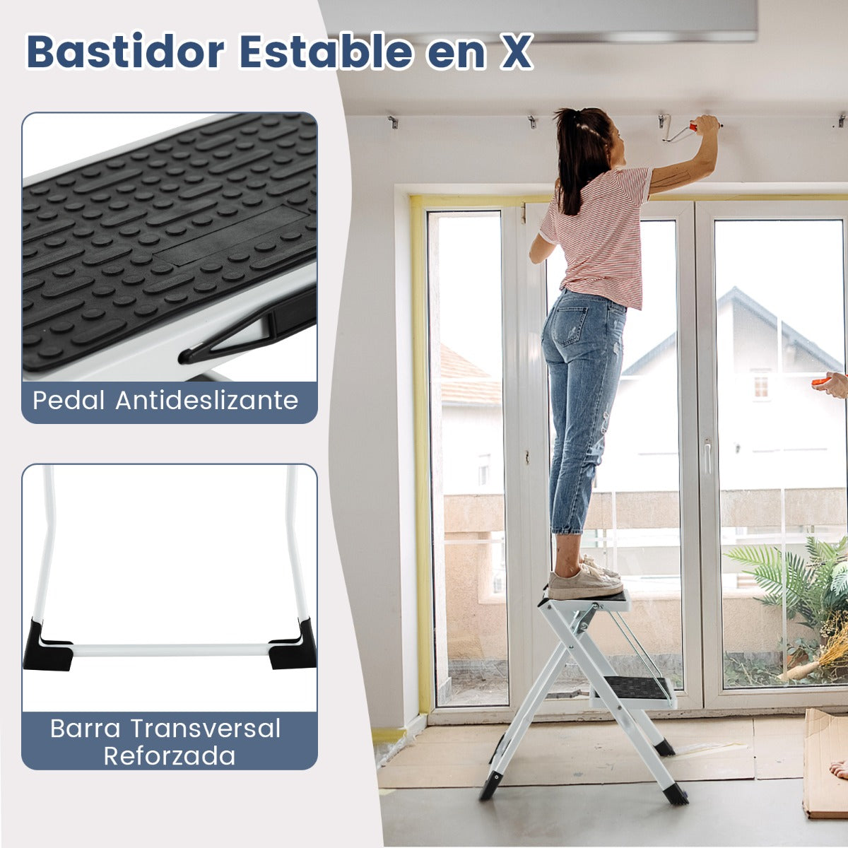 Escalera de 2 Peldaños Taburete Plegable de Metal con Pedal Antideslizante Almohadillas para Pies Portátil para Hogar Carga 150kg Blanco