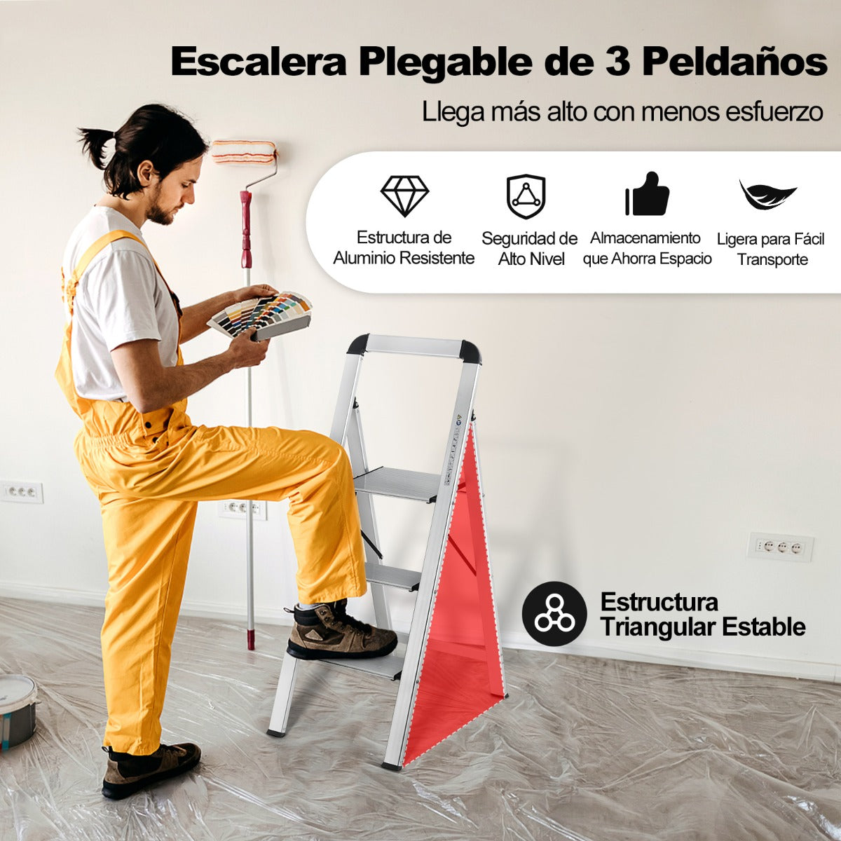 Escalera de 3 Peldaños Plegable de Aluminio con Pedal y Almohadillas de Pie Antideslizantes 62 x 44 x 109 cm