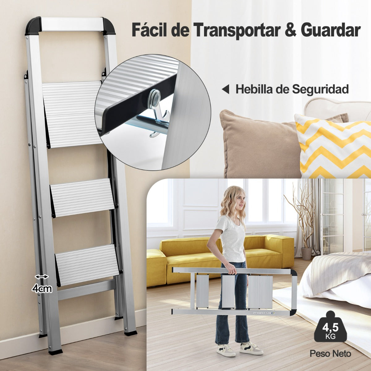 Escalera de 3 Peldaños Plegable de Aluminio con Pedal y Almohadillas de Pie Antideslizantes 62 x 44 x 109 cm