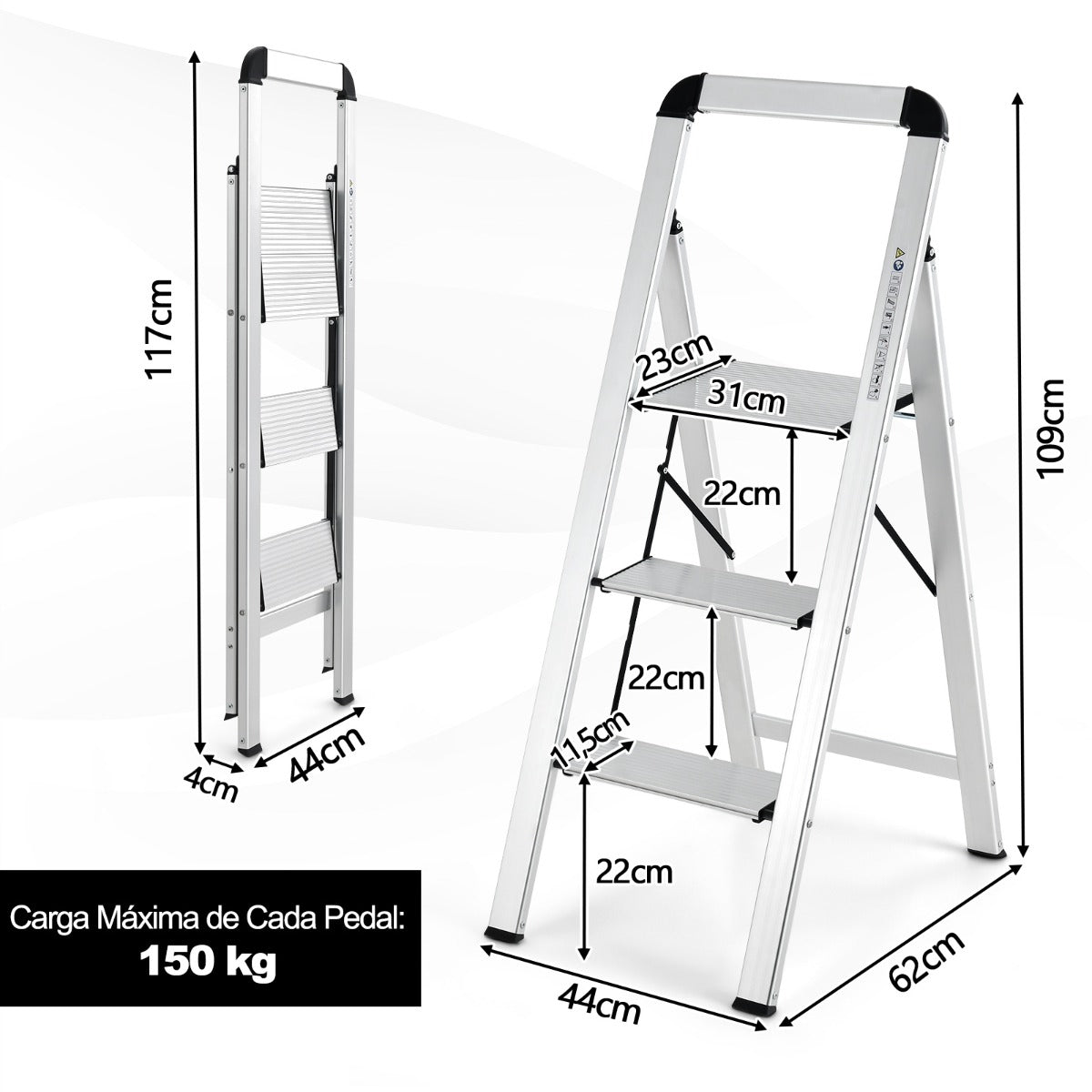 Escalera de 3 Peldaños Plegable de Aluminio con Pedal y Almohadillas de Pie Antideslizantes 62 x 44 x 109 cm