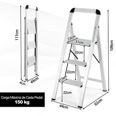 Escalera de 3 Peldaños Plegable de Aluminio con Pedal y Almohadillas de Pie Antideslizantes 62 x 44 x 109 cm