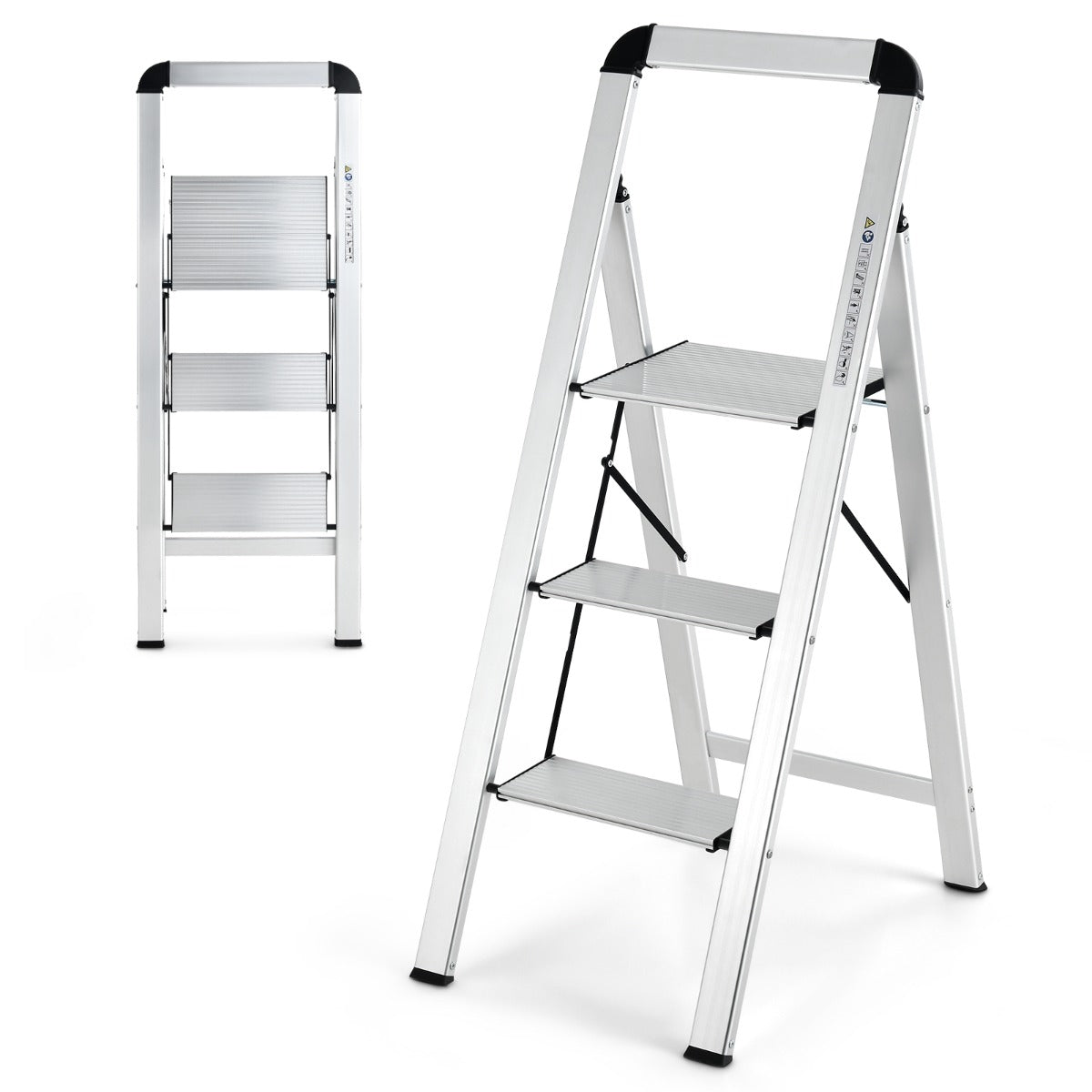 Escalera de 3 Peldaños Plegable de Aluminio con Pedal y Almohadillas de Pie Antideslizantes 62 x 44 x 109 cm