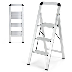 Escalera de 3 Peldaños Plegable de Aluminio con Pedal y Almohadillas de Pie Antideslizantes 62 x 44 x 109 cm