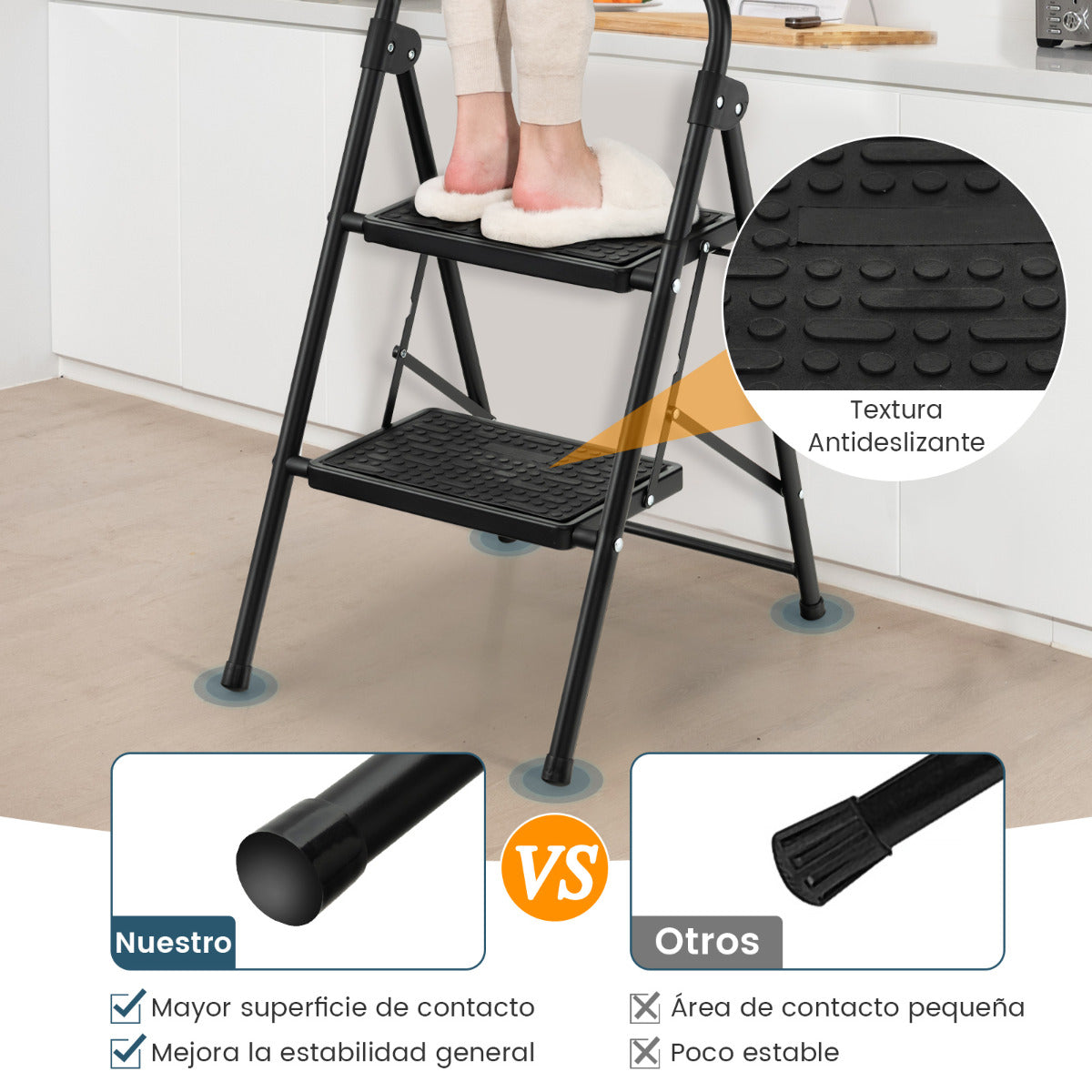 Escalera Plegable de 2 Peldaños de Metal Portátil con Escalones Antideslizantes Amplios Carga 265 KG para Cocina Almacén 47 x 39 x 71 cm