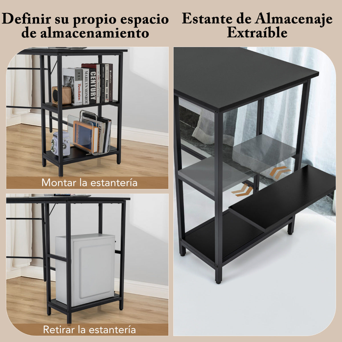 Escritorio en Forma de L de 138 cm Escritorio Esquinero con Marco de Acero Carbono Estante de 2 Niveles y Estante Extraíble Negro