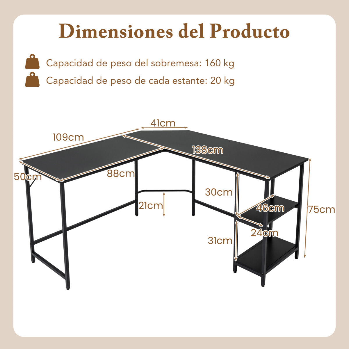 Escritorio en Forma de L de 138 cm Escritorio Esquinero con Marco de Acero Carbono Estante de 2 Niveles y Estante Extraíble Negro