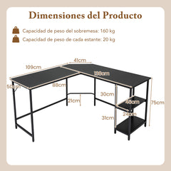 Escritorio en Forma de L de 138 cm Escritorio Esquinero con Marco de Acero Carbono Estante de 2 Niveles y Estante Extraíble Negro