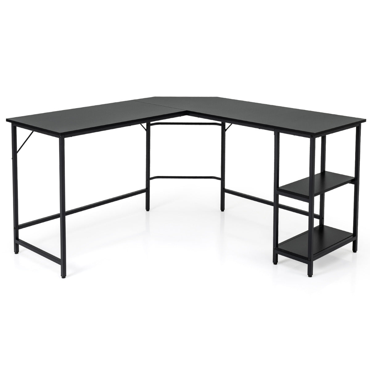 Escritorio en Forma de L de 138 cm Escritorio Esquinero con Marco de Acero Carbono Estante de 2 Niveles y Estante Extraíble Negro