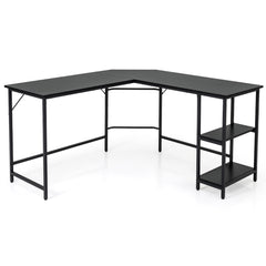 Escritorio en Forma de L de 138 cm Escritorio Esquinero con Marco de Acero Carbono Estante de 2 Niveles y Estante Extraíble Negro