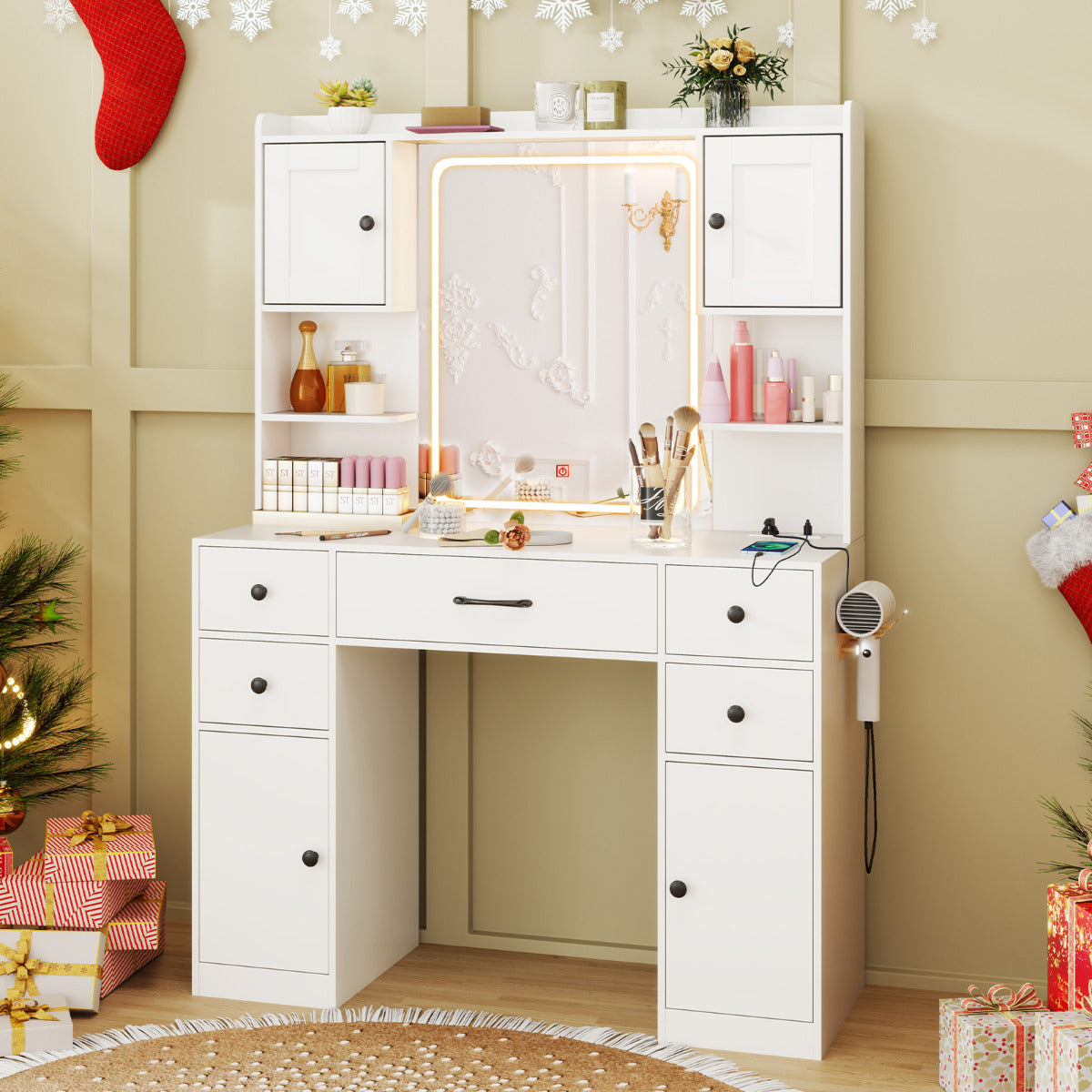Escritorio de Maquillaje con Espejo Iluminado Mesa de Tocador con Estación de Carga Luces LED Ajustables Estantes Cajones Gabinetes Blanco