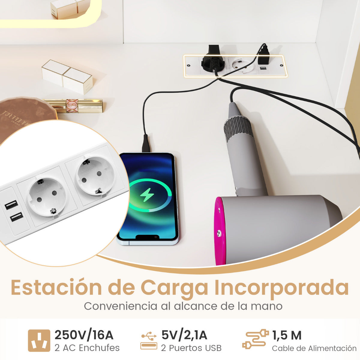 Escritorio de Maquillaje con Espejo Iluminado Mesa de Tocador con Estación de Carga Luces LED Ajustables Estantes Cajones Gabinetes Blanco