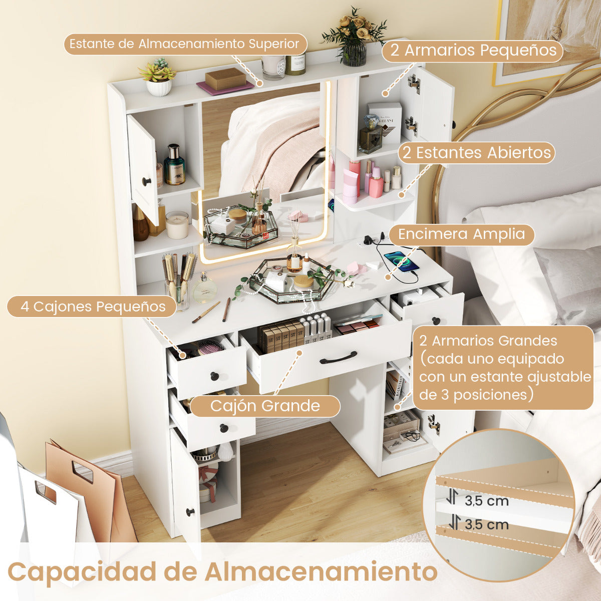 Escritorio de Maquillaje con Espejo Iluminado Mesa de Tocador con Estación de Carga Luces LED Ajustables Estantes Cajones Gabinetes Blanco