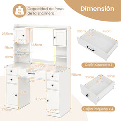 Escritorio de Maquillaje con Espejo Iluminado Mesa de Tocador con Estación de Carga Luces LED Ajustables Estantes Cajones Gabinetes Blanco