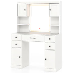 Escritorio de Maquillaje con Espejo Iluminado Mesa de Tocador con Estación de Carga Luces LED Ajustables Estantes Cajones Gabinetes Blanco