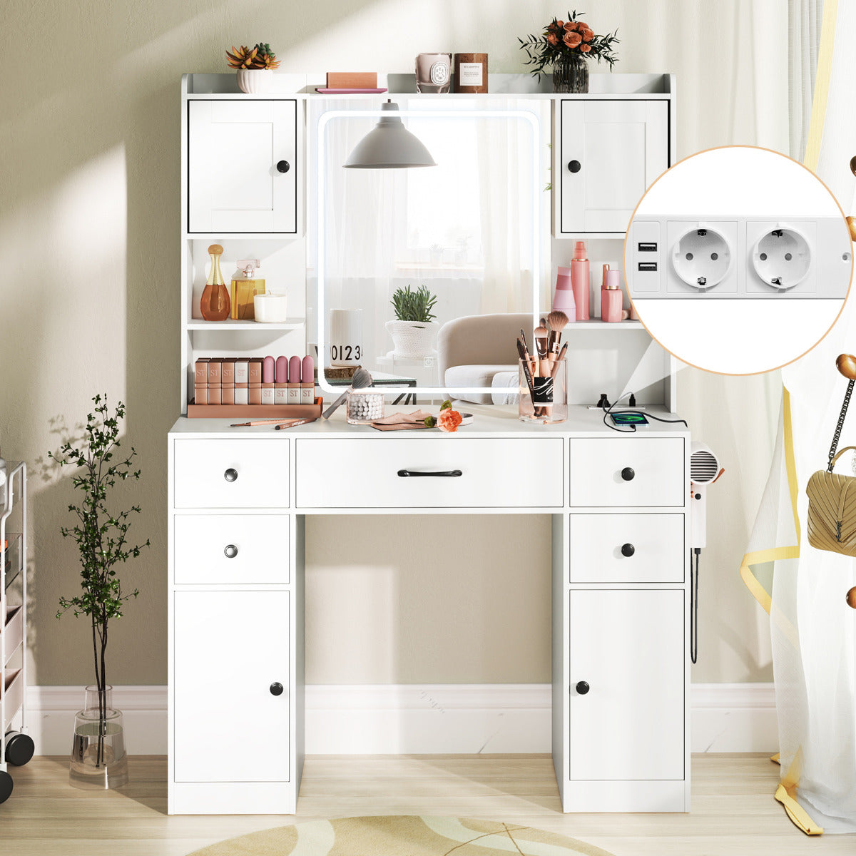 Escritorio de Maquillaje con Espejo Iluminado Mesa de Tocador con Estación de Carga Luces LED Ajustables Estantes Cajones Gabinetes Blanco