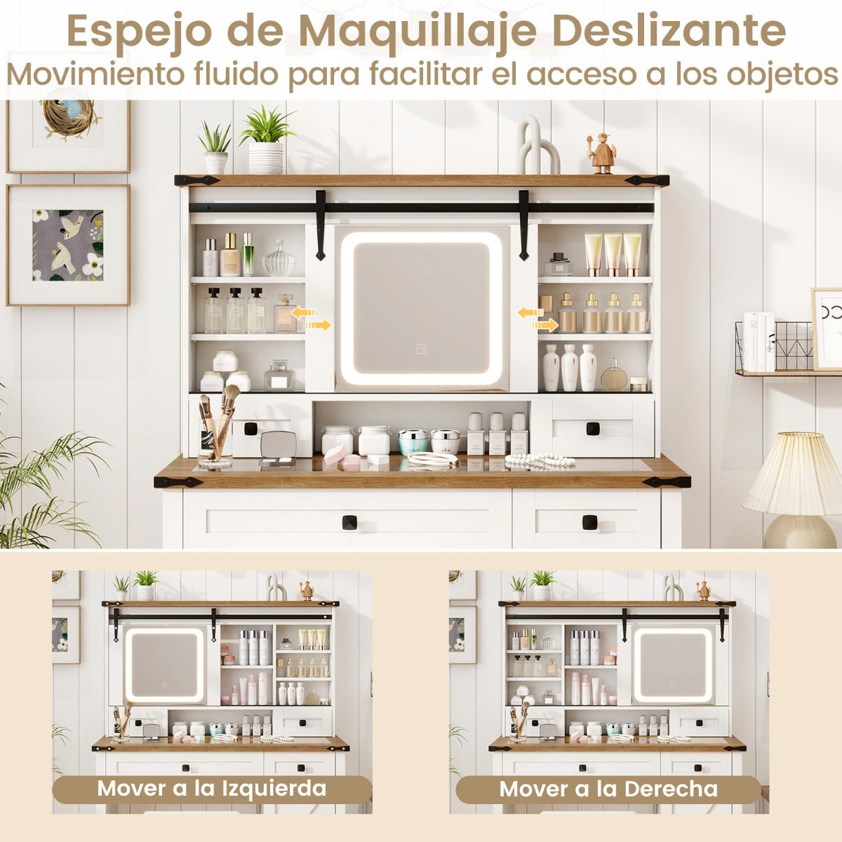 Escritorio de Maquillaje con Espejo y Luces Cajones y Estantes de Almacenamiento Ajustables 107 x 40 x 138 cm Blanco