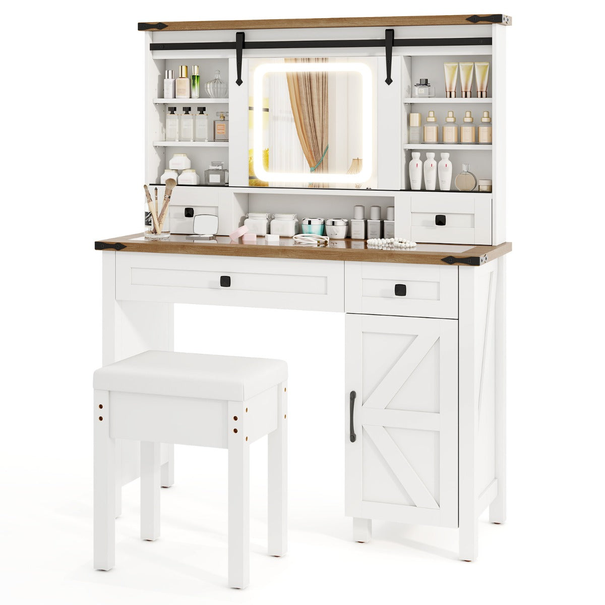 Escritorio de Maquillaje con Espejo y Luces Cajones y Estantes de Almacenamiento Ajustables 107 x 40 x 138 cm Blanco