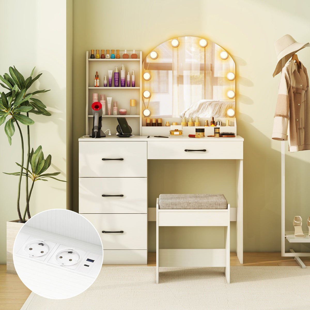 Escritorio de Maquillaje con Espejo y Luces Juego de Mesa de Tocador y Banqueta con Estación de Carga Luces LED 4 Cajones y Estantes Blanco