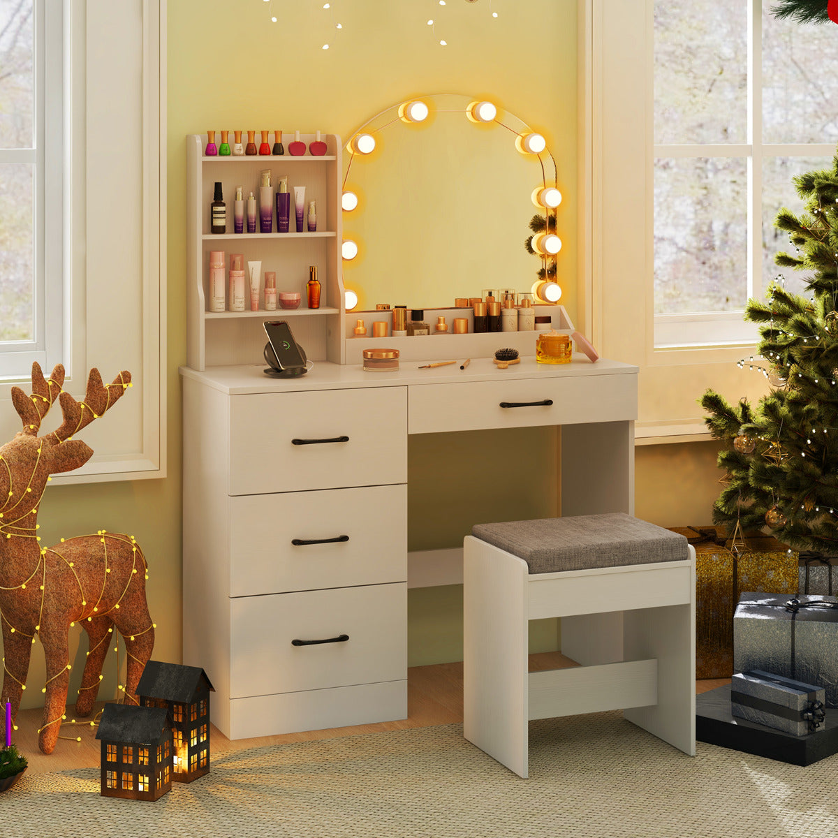 Escritorio de Maquillaje con Espejo y Luces Juego de Mesa de Tocador y Banqueta con Estación de Carga Luces LED 4 Cajones y Estantes Blanco
