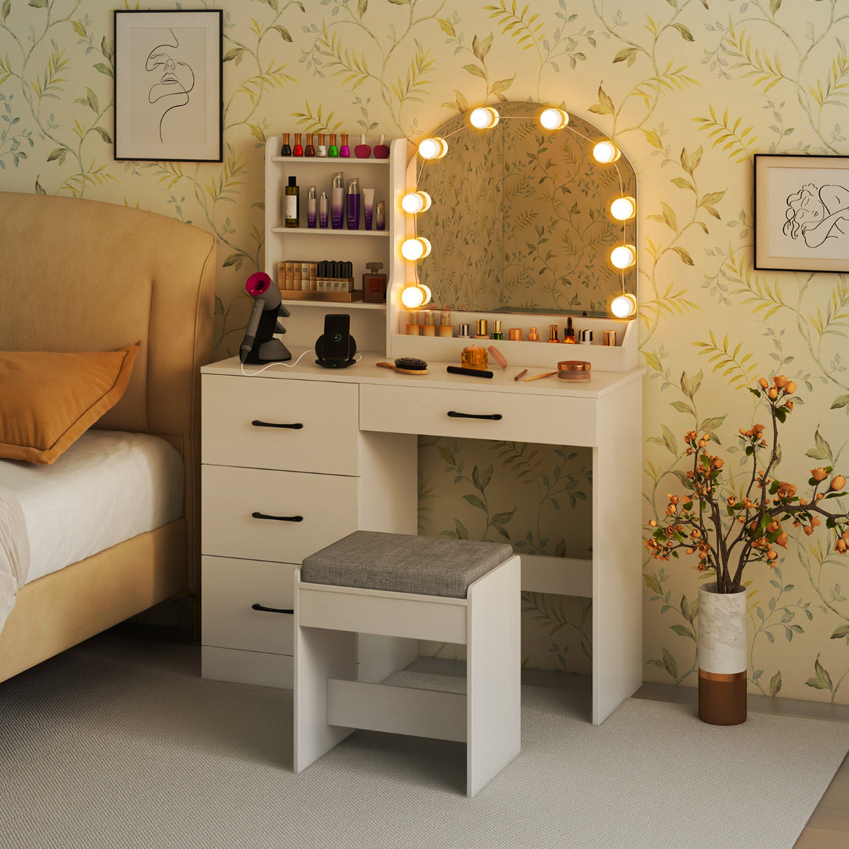 Escritorio de Maquillaje con Espejo y Luces Juego de Mesa de Tocador y Banqueta con Estación de Carga Luces LED 4 Cajones y Estantes Blanco