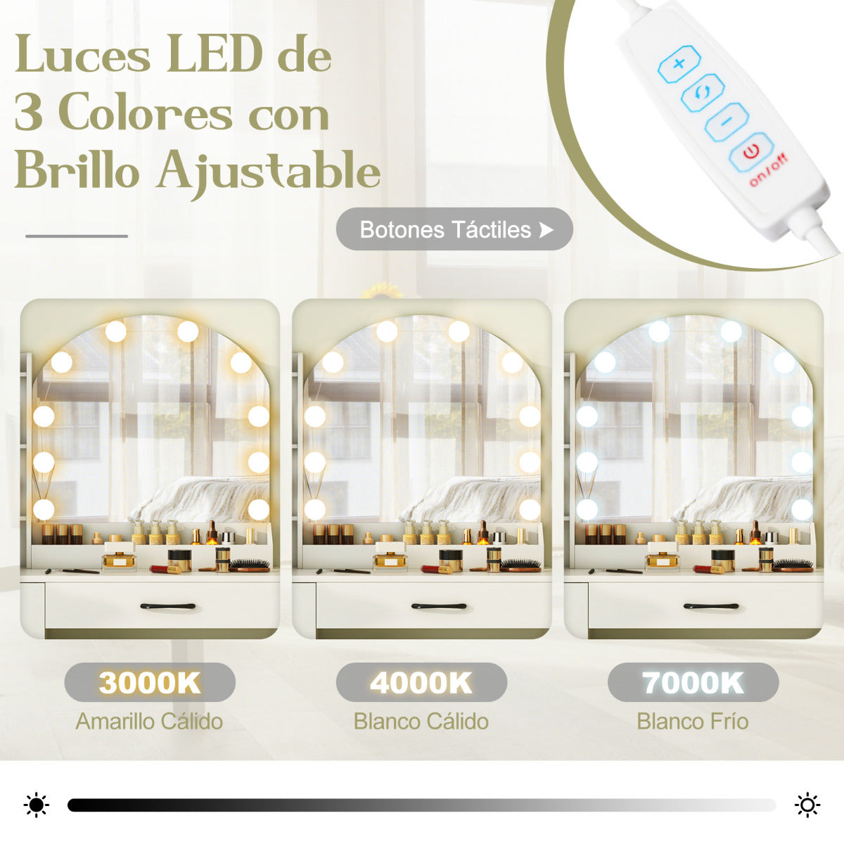Escritorio de Maquillaje con Espejo y Luces Juego de Mesa de Tocador y Banqueta con Estación de Carga Luces LED 4 Cajones y Estantes Blanco