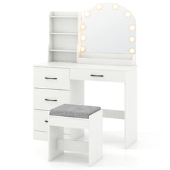 Escritorio de Maquillaje con Espejo y Luces Juego de Mesa de Tocador y Banqueta con Estación de Carga Luces LED 4 Cajones y Estantes Blanco