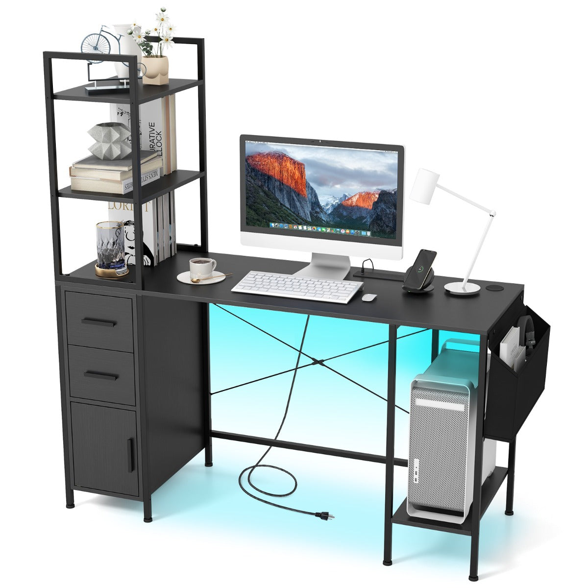 Escritorio de Oficina con Luces LED y Tomas de Corriente Estantes 2 Cajones Gabinete Bolsillo de Tela Negro