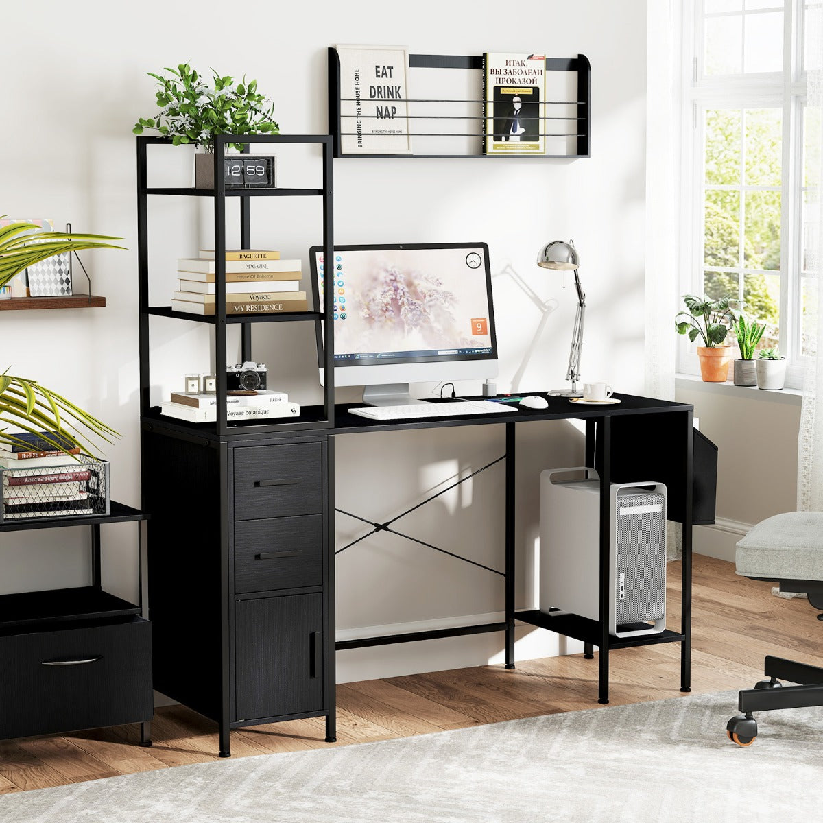 Escritorio de Oficina con Luces LED y Tomas de Corriente Estantes 2 Cajones Gabinete Bolsillo de Tela Negro