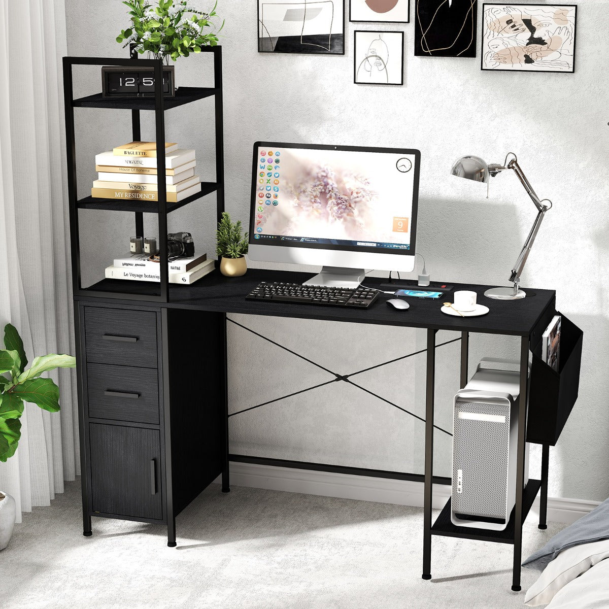 Escritorio de Oficina con Luces LED y Tomas de Corriente Estantes 2 Cajones Gabinete Bolsillo de Tela Negro