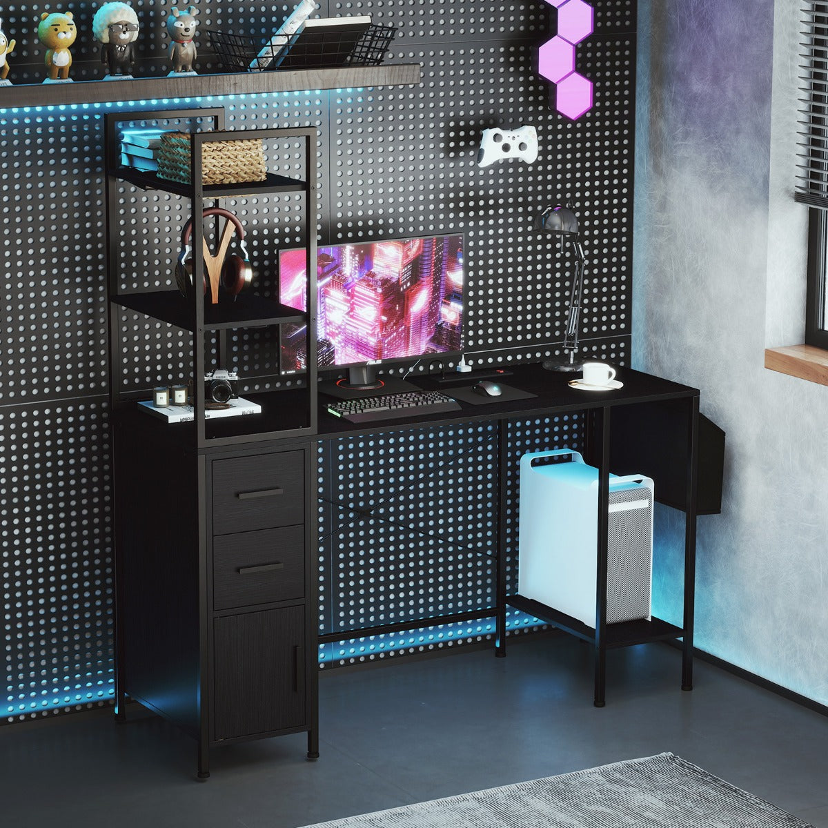 Escritorio de Oficina con Luces LED y Tomas de Corriente Estantes 2 Cajones Gabinete Bolsillo de Tela Negro