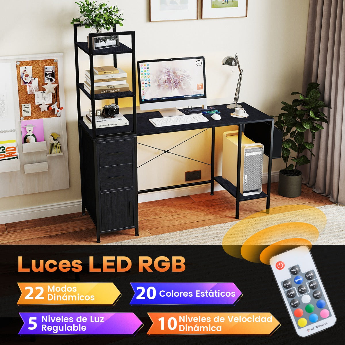 Escritorio de Oficina con Luces LED y Tomas de Corriente Estantes 2 Cajones Gabinete Bolsillo de Tela Negro