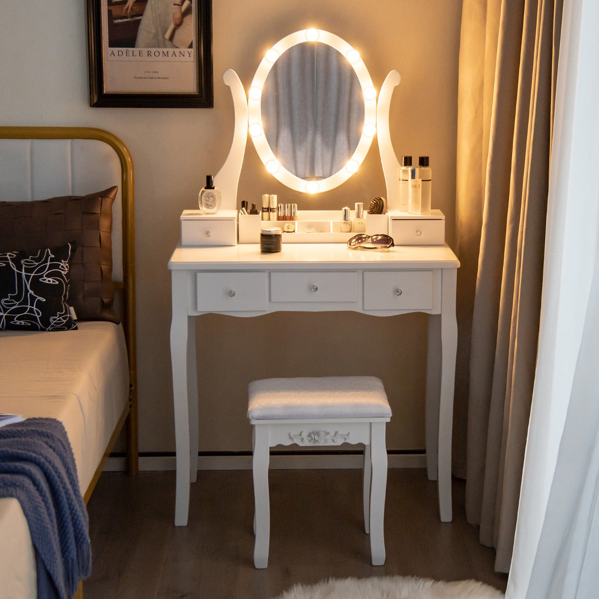 Juego de Tocador y Taburete con Espejo Iluminado Mesa de Maquillaje con 10 Bombillas LED 3 Modos de Color Brillo Ajustable 5 Cajones Blanco