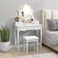 Juego de Tocador y Taburete con Espejo Iluminado Mesa de Maquillaje con 10 Bombillas LED 3 Modos de Color Brillo Ajustable 5 Cajones Blanco