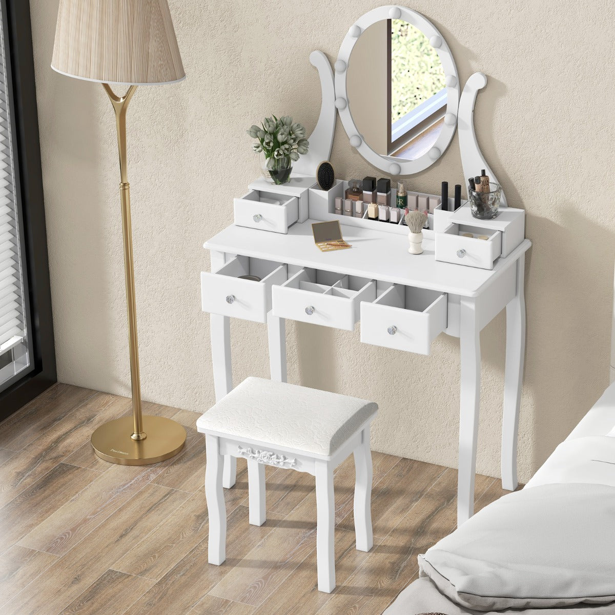 Juego de Tocador y Taburete con Espejo Iluminado Mesa de Maquillaje con 10 Bombillas LED 3 Modos de Color Brillo Ajustable 5 Cajones Blanco