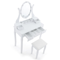 Juego de Tocador y Taburete con Espejo Iluminado Mesa de Maquillaje con 10 Bombillas LED 3 Modos de Color Brillo Ajustable 5 Cajones Blanco
