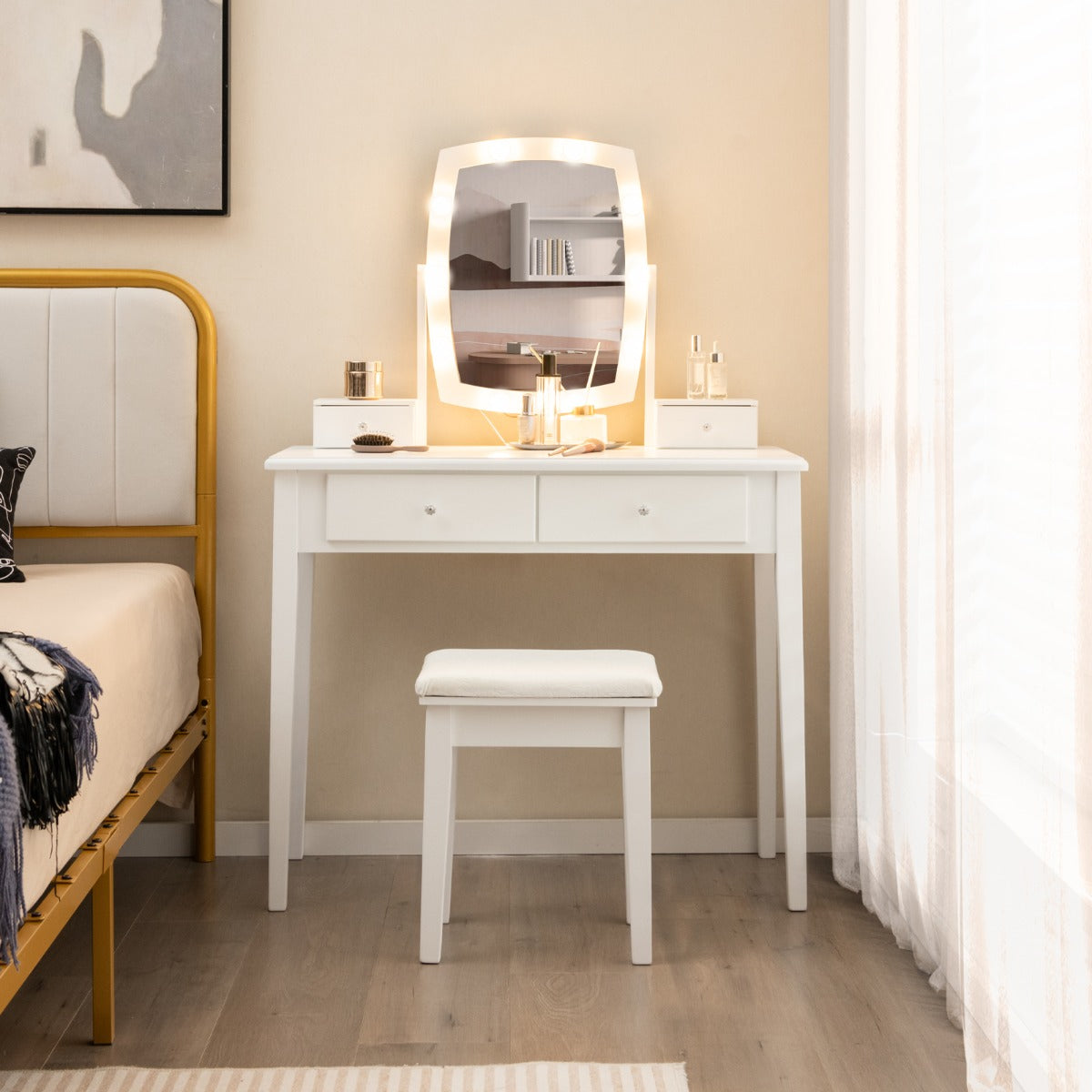 Set de Mesa de Tocador con Espejo Iluminado y Taburete Acolchado con Luces LED Regulables 4 Cajones Escritorio para Dormitorio Blanco