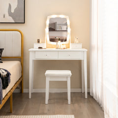 Set de Mesa de Tocador con Espejo Iluminado y Taburete Acolchado con Luces LED Regulables 4 Cajones Escritorio para Dormitorio Blanco