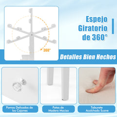 Set de Mesa de Tocador con Espejo Iluminado y Taburete Acolchado con Luces LED Regulables 4 Cajones Escritorio para Dormitorio Blanco