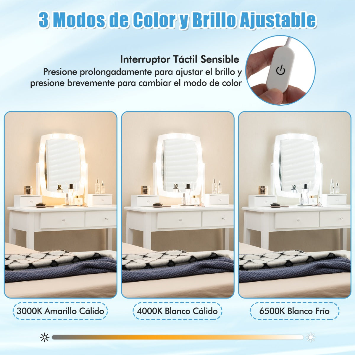 Set de Mesa de Tocador con Espejo Iluminado y Taburete Acolchado con Luces LED Regulables 4 Cajones Escritorio para Dormitorio Blanco