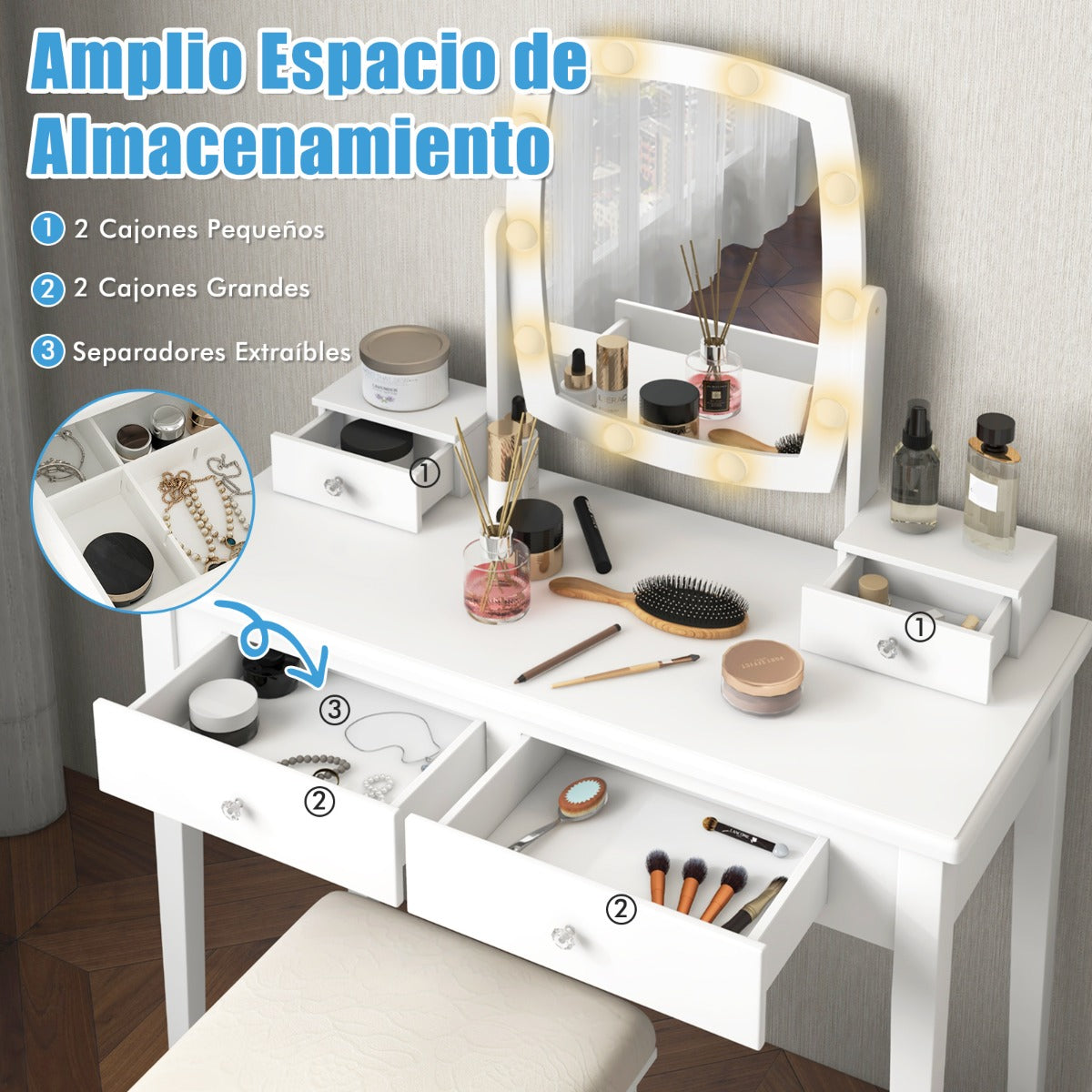 Set de Mesa de Tocador con Espejo Iluminado y Taburete Acolchado con Luces LED Regulables 4 Cajones Escritorio para Dormitorio Blanco