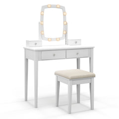 Set de Mesa de Tocador con Espejo Iluminado y Taburete Acolchado con Luces LED Regulables 4 Cajones Escritorio para Dormitorio Blanco