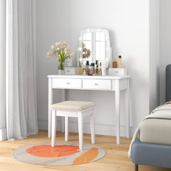 Set de Mesa de Tocador con Espejo Iluminado y Taburete Acolchado con Luces LED Regulables 4 Cajones Escritorio para Dormitorio Blanco